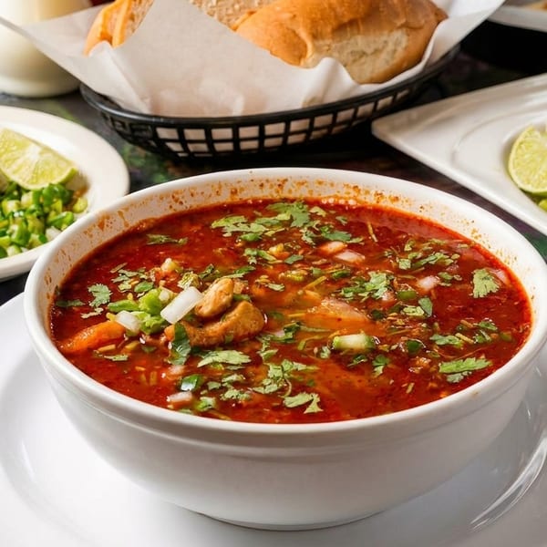 A bowl of red soup with cilantro and onions, with sides of rice, bread, and salad.