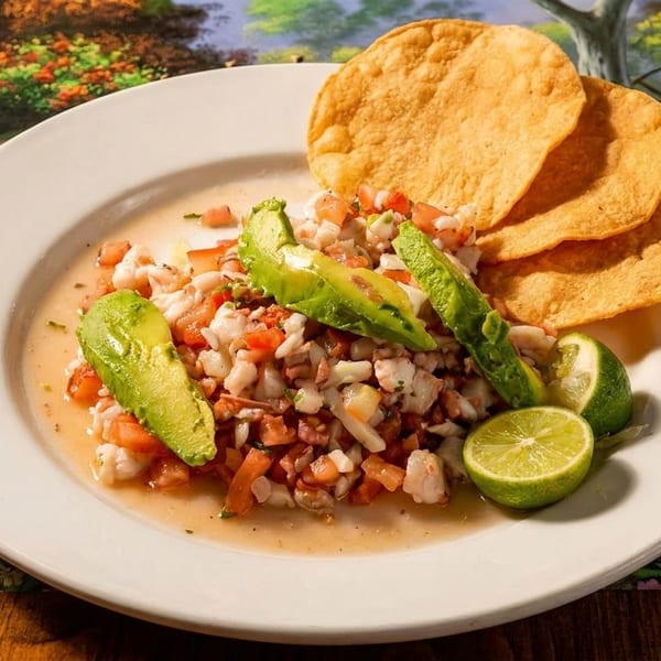 Ceviche with avocado slices, lime wedges, and tostadas on a white plate with a garden background.